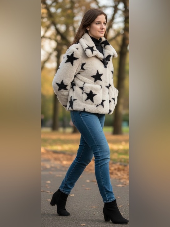 POPSUGAR Jackets & Blazers - - Euc Pop Sugar fluffy cropped cream color black stars coat XS